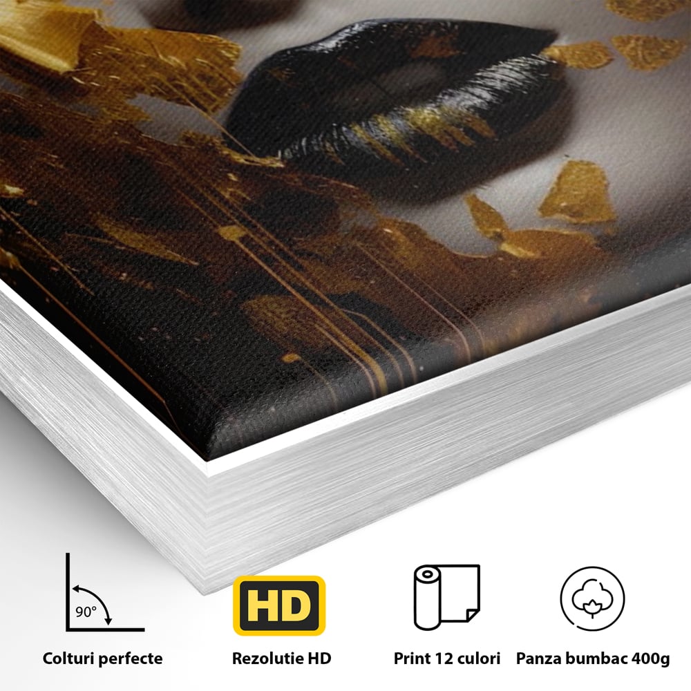 Detaliu al suprafetei: tablou canvas cu portret feminin auriu, in rama de aluminiu argintiu